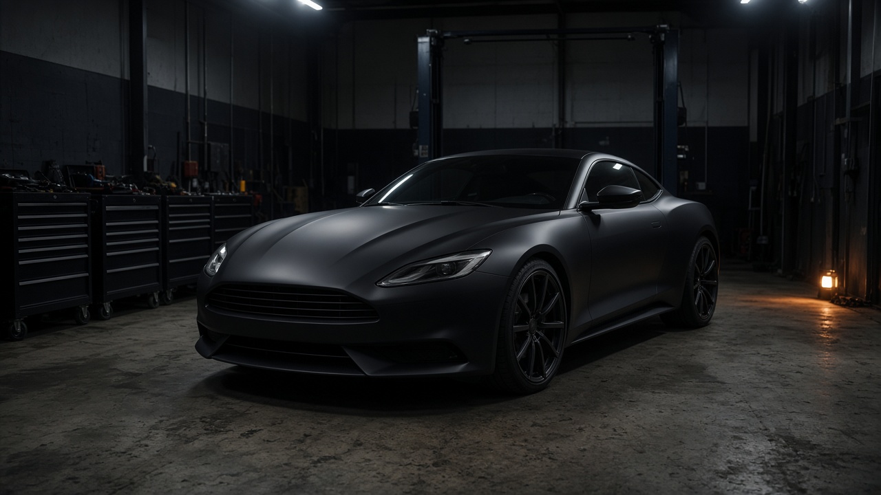 A matte black two-door coupe on a concrete shop floor, with tool chests along the left wall and a lift in the dark bay behind it.