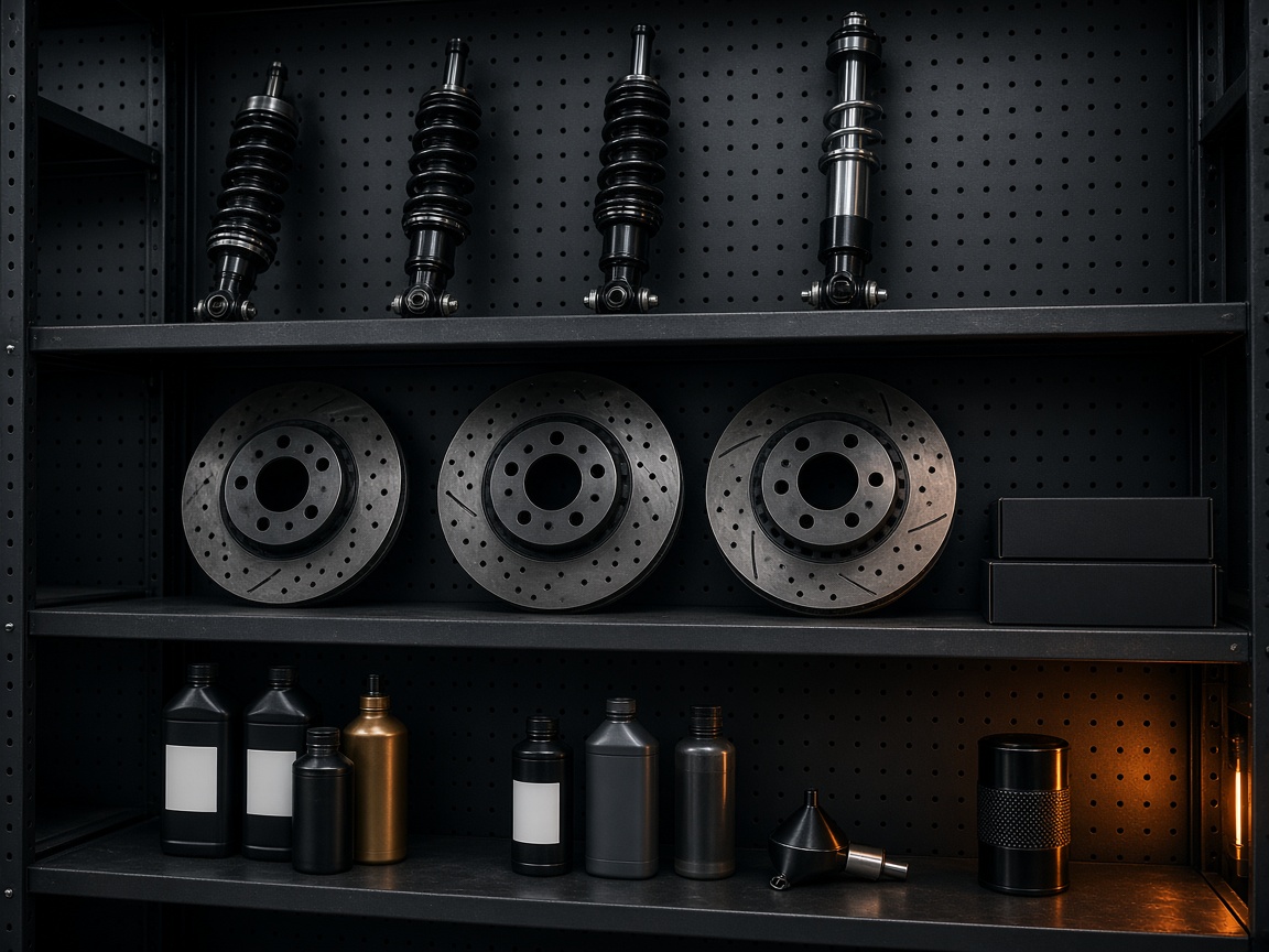 Four dampers, three drilled brake rotors, and unlabeled bottles on dark steel shelves, with a canister at the right.